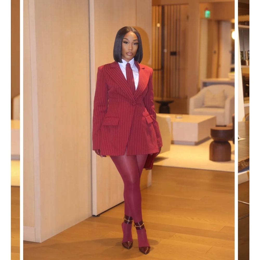 Velora Burgundy Pinstripe Blazer Dress